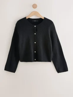 Noir - Cardigan doux en maille à Col rond en laine