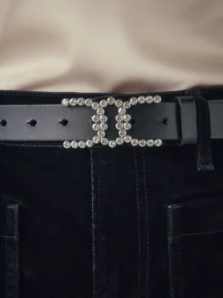 Noir - Ceinture en Cuir classique à boucle Diamante Statement