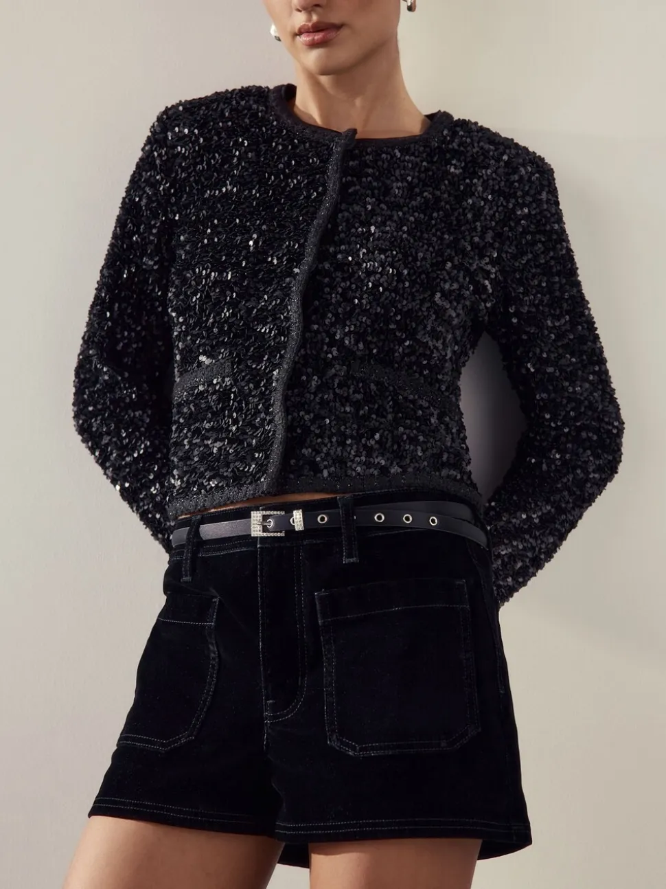 Noir - Ceinture fine en satin à boucle scintillante