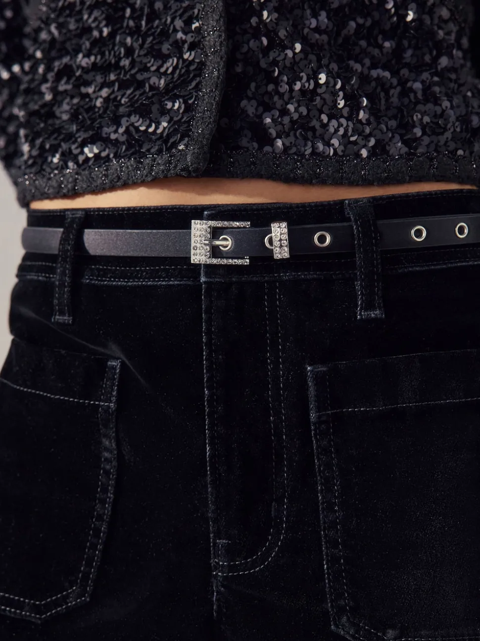 Noir - Ceinture fine en satin à boucle scintillante
