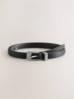 Noir - Ceinture fine en satin à boucle scintillante