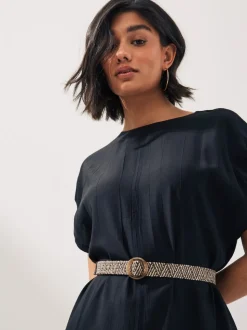 Noir - Ceinture large effet raphia à boucle carrée