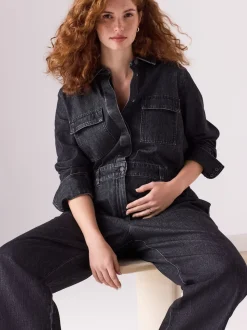 Noir - Combinaison en Denim de Grossesse
