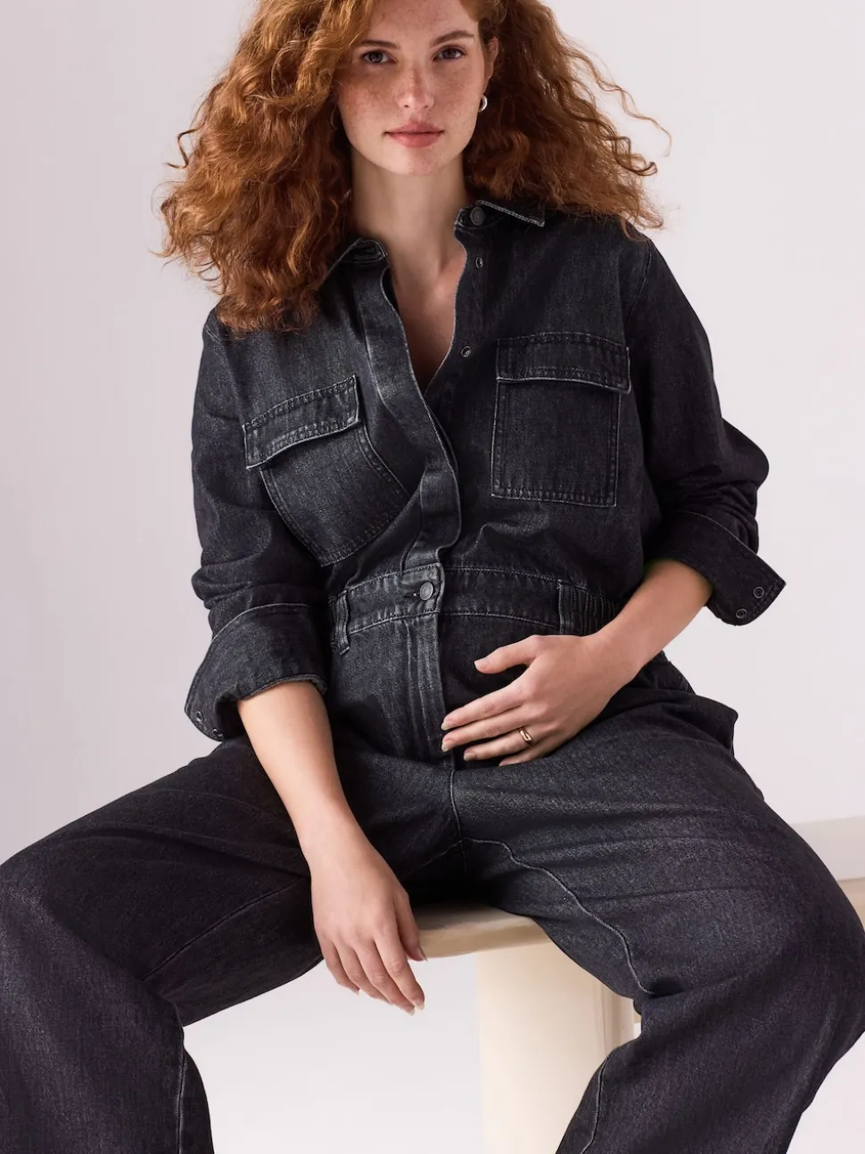 Noir - Combinaison en Denim de Grossesse