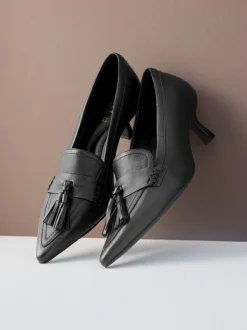 Noir - Cuir haut de gamme avec mocassins à talons à glands Motionflex à bout pointu
