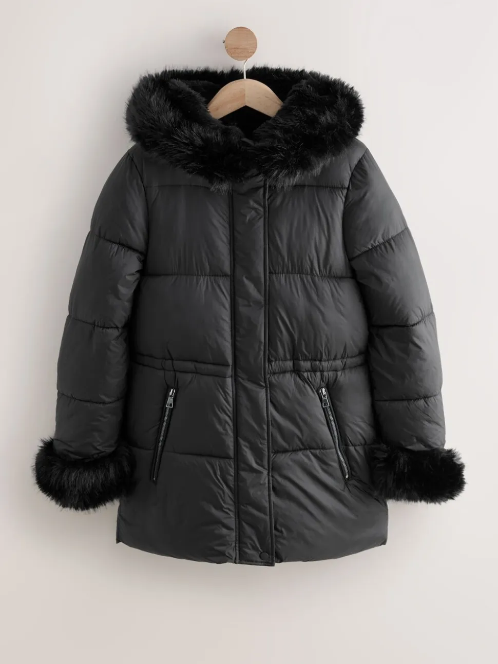 Noir - Doudounes courtes avec capuche et poignets bordés de fausse fourrure