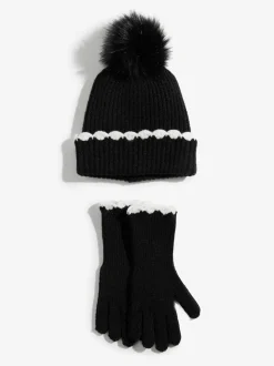 Noir - Ensemble bonnet et Gants Love & Roses à pompon côtelé bordé de pétoncles