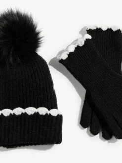 Noir - Ensemble bonnet et Gants Love & Roses à pompon côtelé bordé de pétoncles