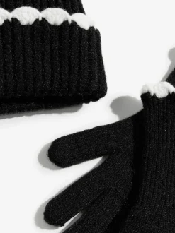 Noir - Ensemble bonnet et Gants Love & Roses à pompon côtelé bordé de pétoncles