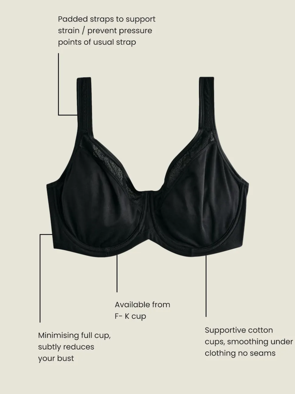 Noir - F-K Ultimate Support Cotton Minimiser Soutien-gorge à bretelles rembourré