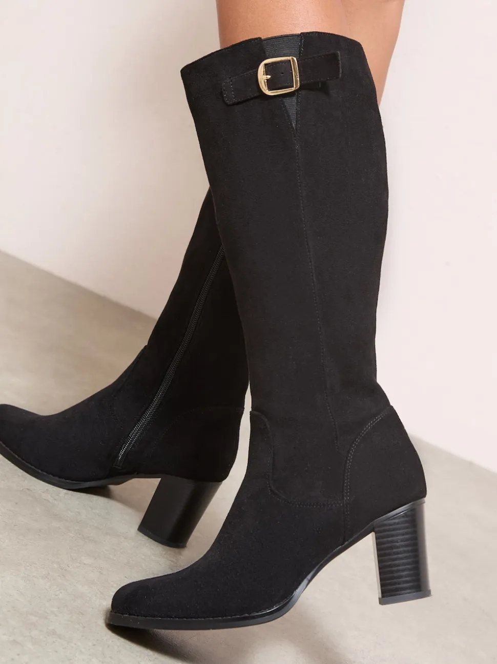 Noir - Friends Like These Bottes Coupe large en Faux suède à talon Milieu Boucle élégantes jusqu’au genou