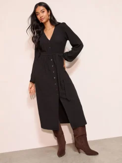 Noir - Friends Like These Robe mi-longue texturée boutonnée à Manches longues Ceinturée