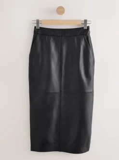 Noir - Jupe crayon N. Premium en cuir véritable