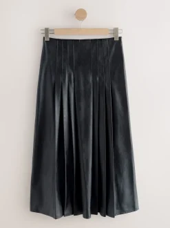 Noir - Jupe kilt mi-longue en similicuir