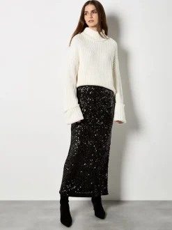 Noir - Jupe mi-longue à sequins Apricot