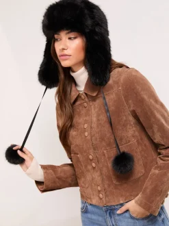 Noir - Lipsy Chapeau de trappeur en fausse fourrure avec pompons