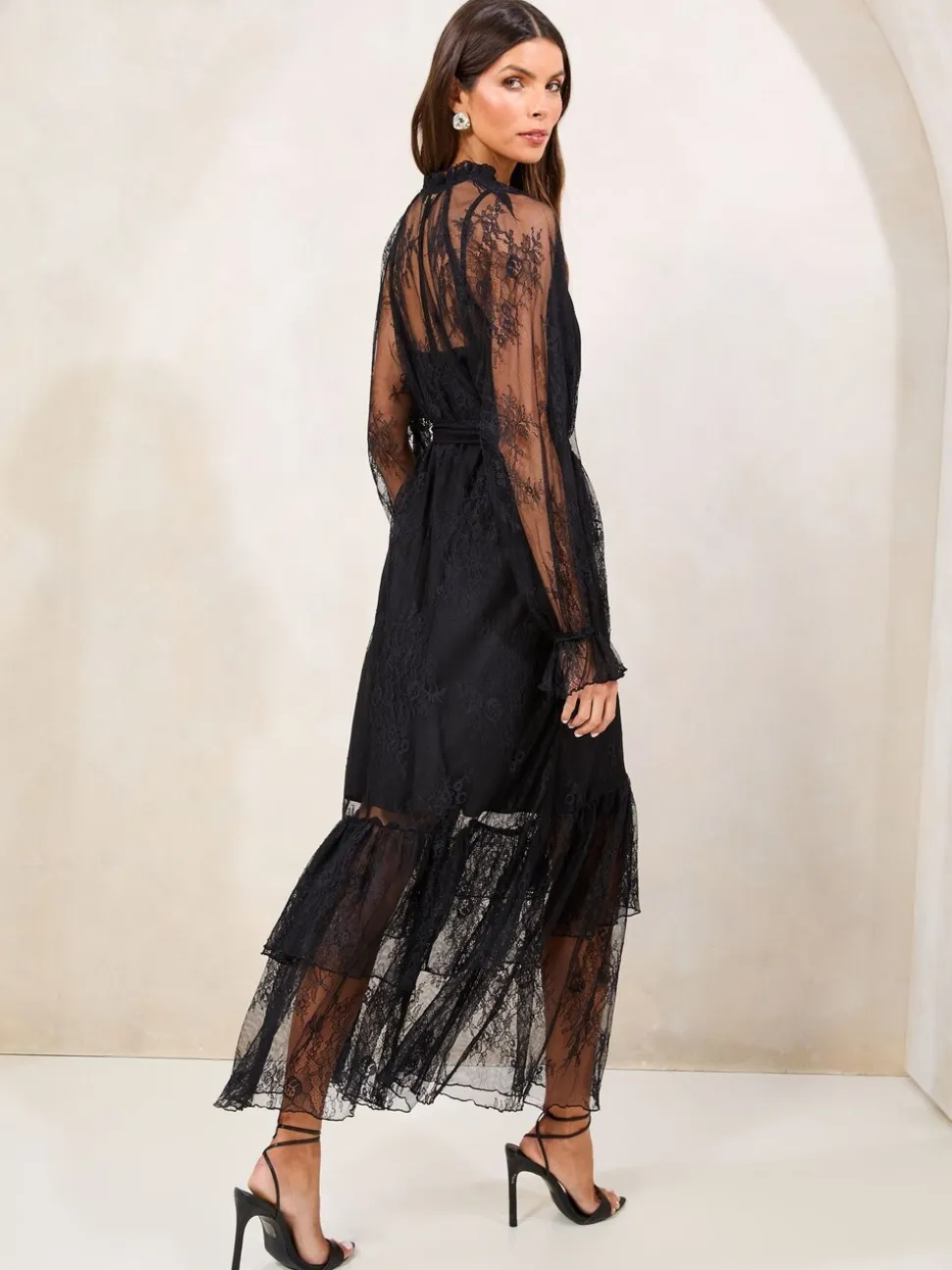 Noir - Lipsy Lace Volants Manches longues Mi-long Robe