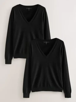 Noir - Lot de 2 pulls riches en coton doux à col en V
