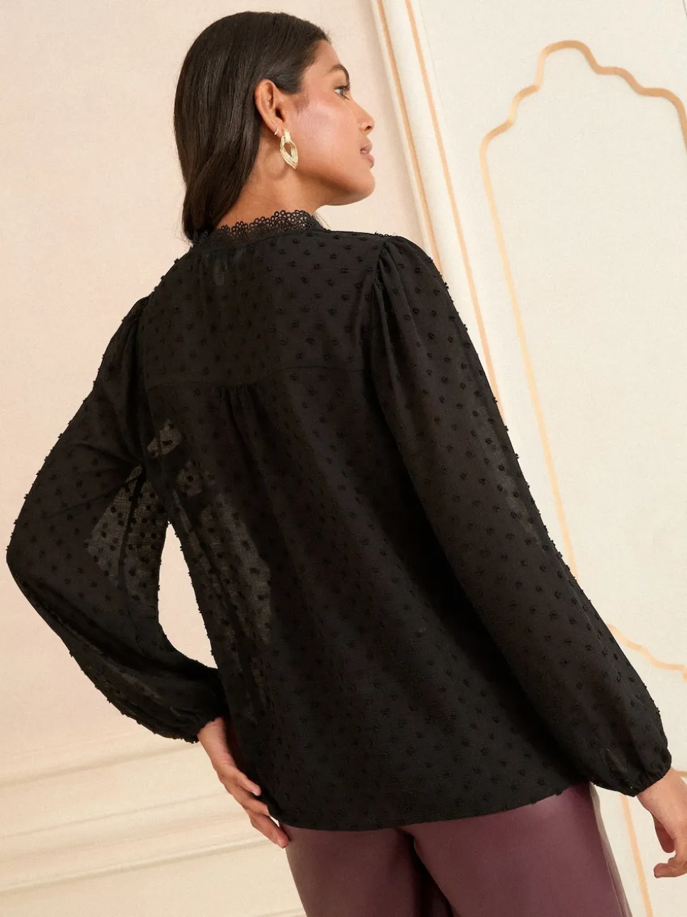 Noir - Love & Roses Col en V Dentelle Manches Longues Chemisier Dobby