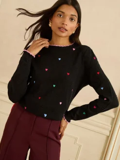 Noir - Love & Roses pull en maille brodée