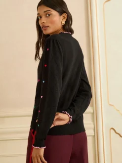 Noir - Love & Roses pull en maille brodée