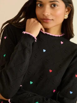 Noir - Love & Roses pull en maille brodée