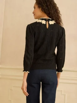 Noir - Love & Roses pull en pointelle à fleurs 3D