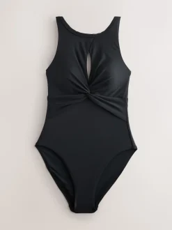 Noir - Maillot de bain à col montant avec trou de serrure et contrôle du ventre