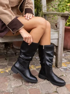 Noir - Novo bottes mollets froncées plates douces Coupe large