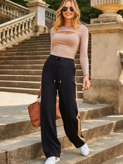 Noir - Pantalon large à rayures latérales Sosandar