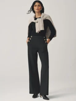 Noir - Pantalon large en Ponte avec boutons dorés