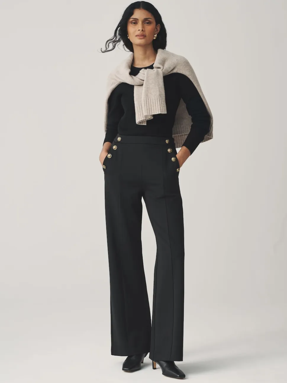 Noir - Pantalon large en Ponte avec boutons dorés