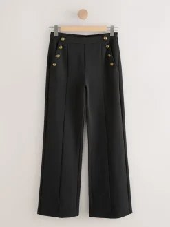 Noir - Pantalon large en Ponte avec boutons dorés