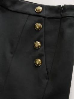 Noir - Pantalon large en Ponte avec boutons dorés