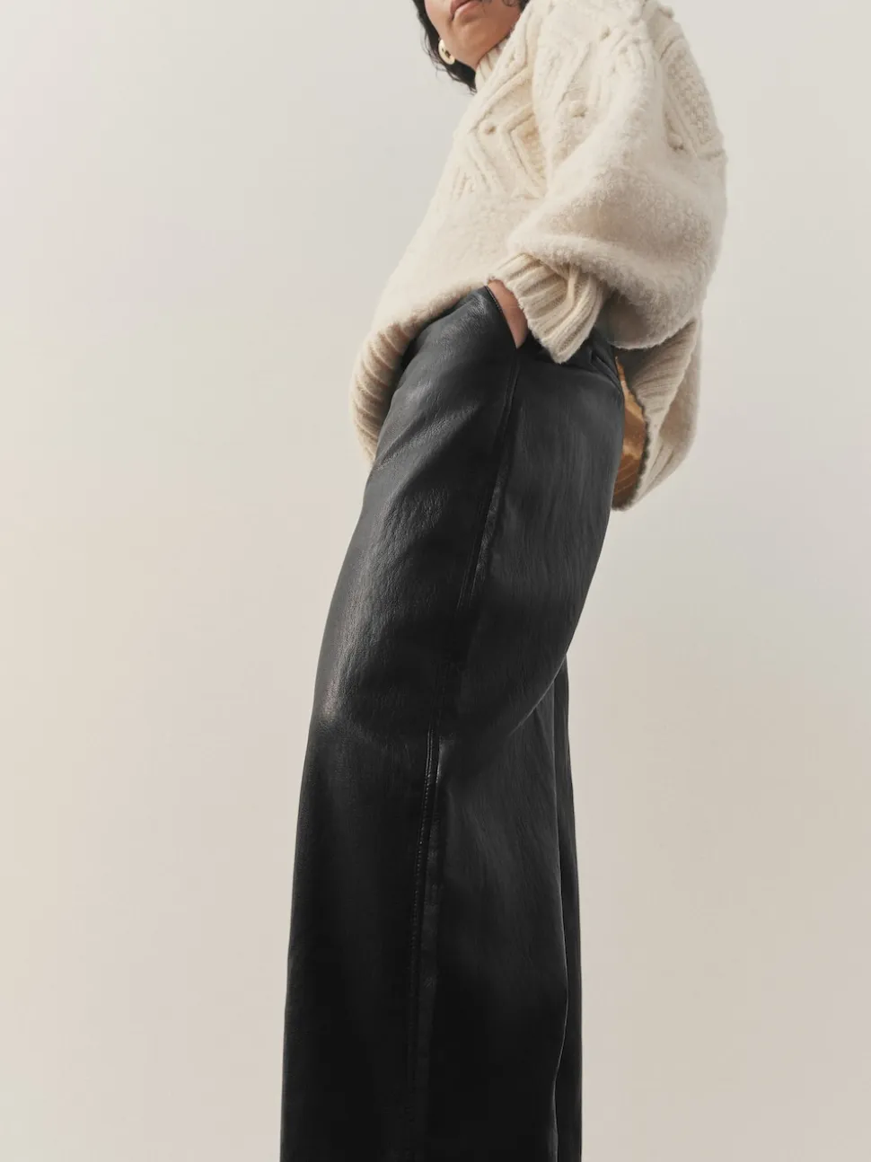 Noir - Pantalon Regular en similicuir à jambe large