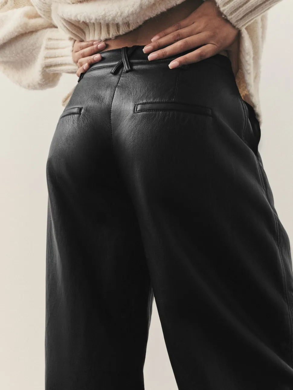 Noir - Pantalon Regular en similicuir à jambe large