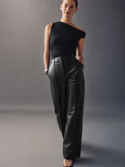Noir - Pantalons coupe droite en faux cuir