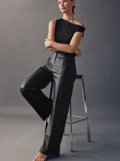 Noir - Pantalons coupe droite en faux cuir