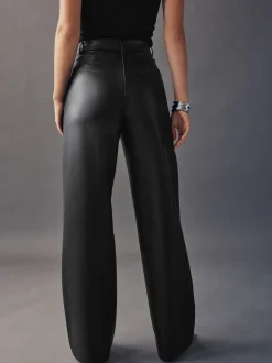 Noir - Pantalons coupe droite en faux cuir