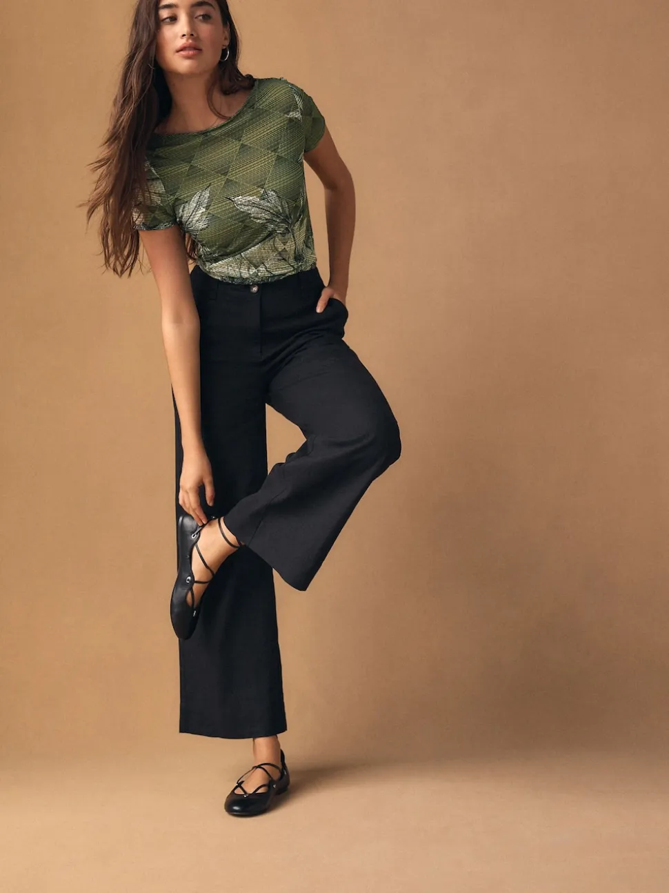 Noir - Pantalons intelligents à jambe large en lin Blend
