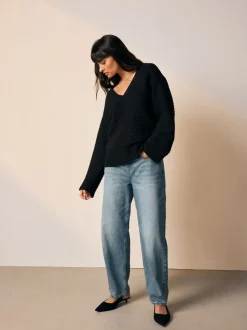 Noir - Pull côtelé en maille à col en V