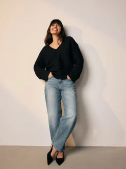 Noir - Pull côtelé en maille à col en V
