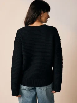 Noir - Pull côtelé en maille à col en V