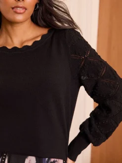 Noir - Pull Love & Roses Bobble Stitch en maille festonnée