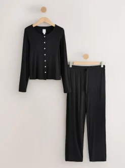 Noir - Pyjamas Manche longue côtelé