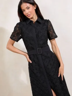 Noir - Robe chemise Lipsy Premium en dentelle ceinturée