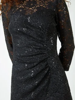 Noir - Robe extensible froncée en dentelle à sequins Roman