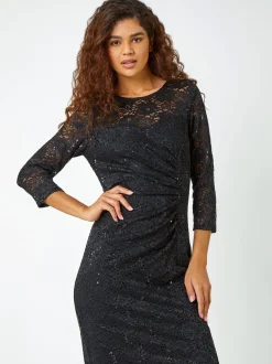 Noir - Robe extensible froncée en dentelle à sequins Roman