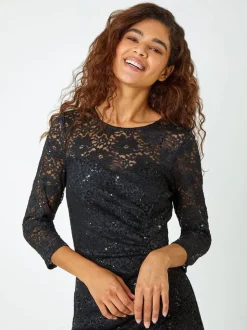 Noir - Robe extensible froncée en dentelle à sequins Roman