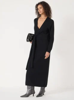 Noir - Robe Hush en mérinos à Col en V et détail noué